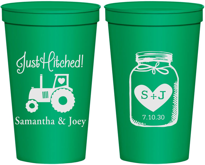 Personalized Wedding 22 oz Stadium Cups - Just Hitched Mason Jar | 483