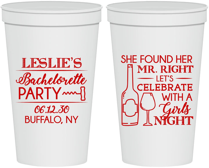 Personalized Bachelorette 22 oz Stadium Cups - Mr Right Girls Night | 60180