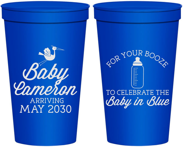 Personalized Baby Shower 22 oz Stadium Cups - Booze Baby In Blue | 90015