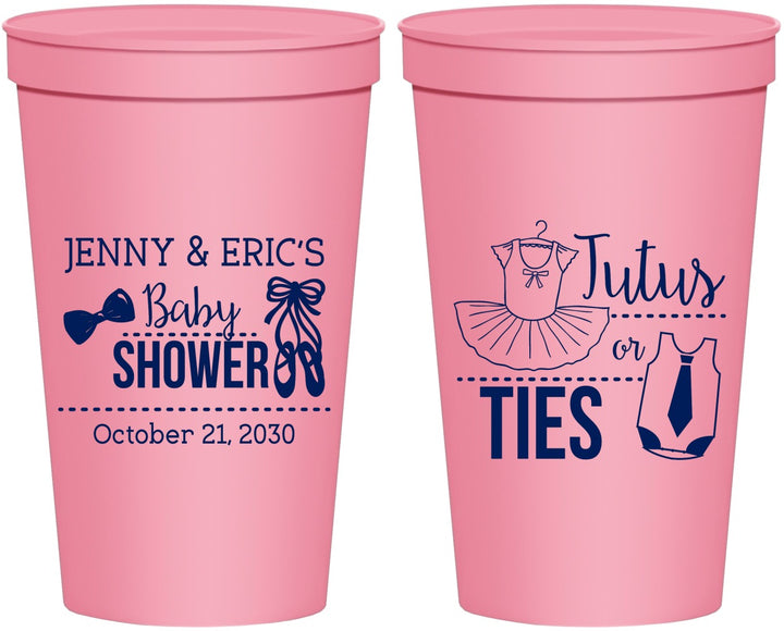 Personalized Baby Shower 22 oz Stadium Cups - Gender Reveal Tutus Or Ties | 90033