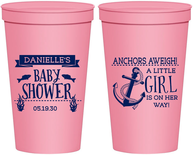 Personalized Baby Shower 22 oz Stadium Cups - Anchors Aweigh Little Girl | 90056