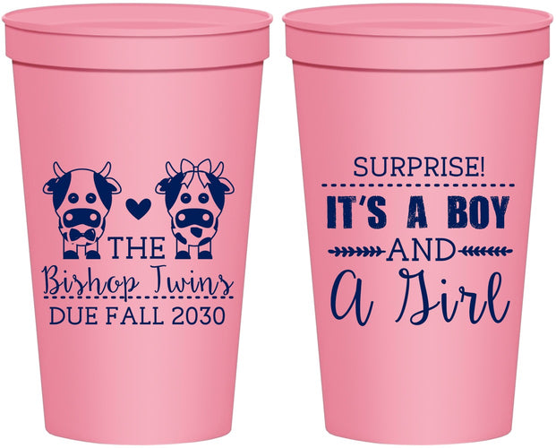 Personalized Baby Shower 22 oz Stadium Cups - Twins Baby Cows | 90067