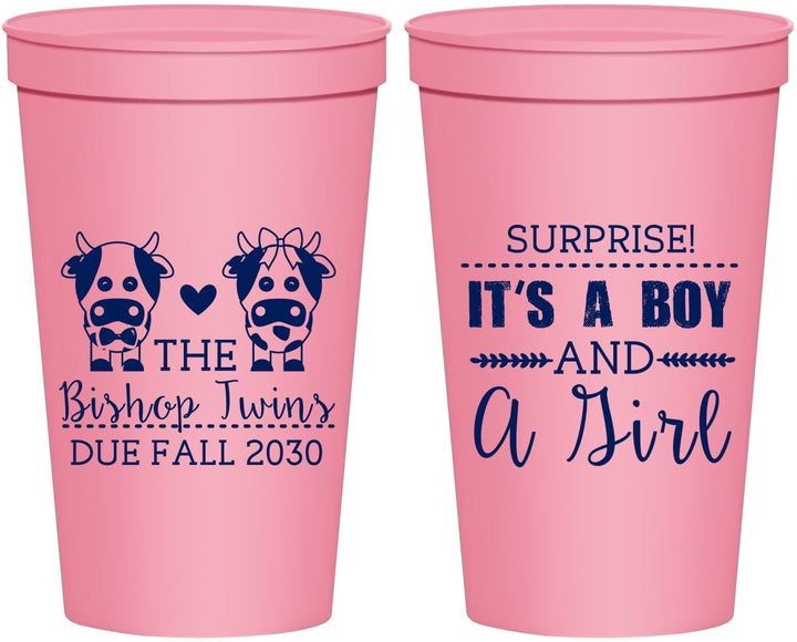 Personalized Baby Shower 22 oz Stadium Cups - Twins Baby Cows | 90067