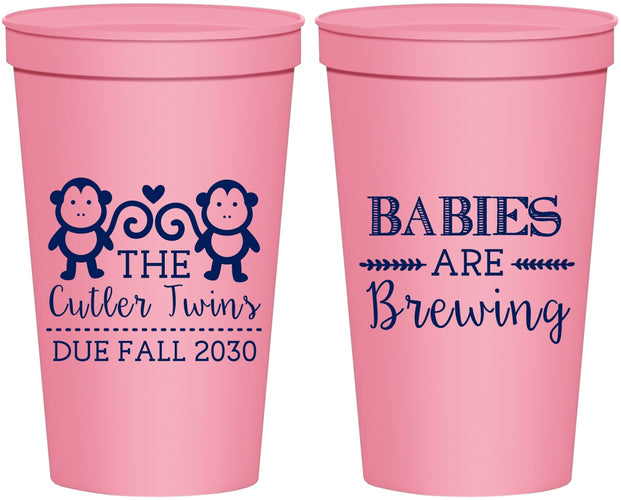 Personalized Baby Shower 22 oz Stadium Cups - Twins Baby Monkeys | 90068