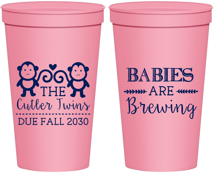 Personalized Baby Shower 22 oz Stadium Cups - Twins Baby Monkeys | 90068