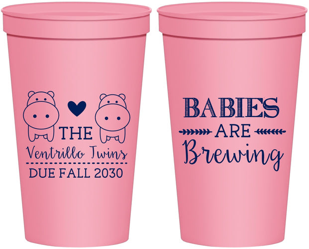 Personalized Baby Shower 22 oz Stadium Cups - Twins Baby Hippos | 90069