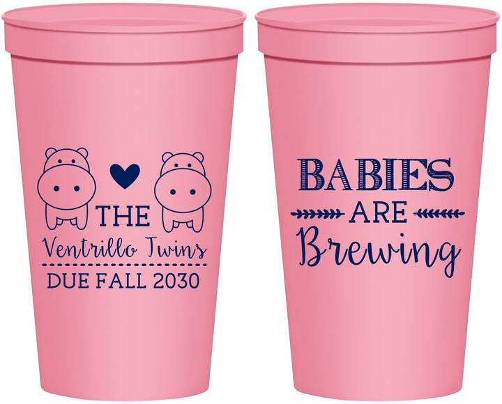 Personalized Baby Shower 22 oz Stadium Cups - Twins Baby Hippos | 90069