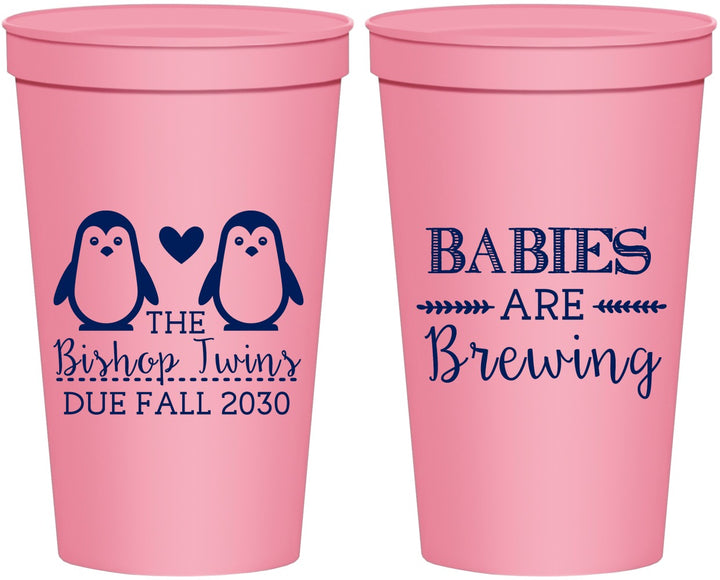 Personalized Baby Shower 22 oz Stadium Cups - Twins Baby Penguins | 90070