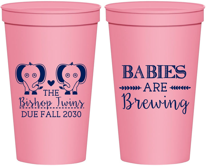 Personalized Baby Shower 22 oz Stadium Cups - Twins Baby Elephant | 90071
