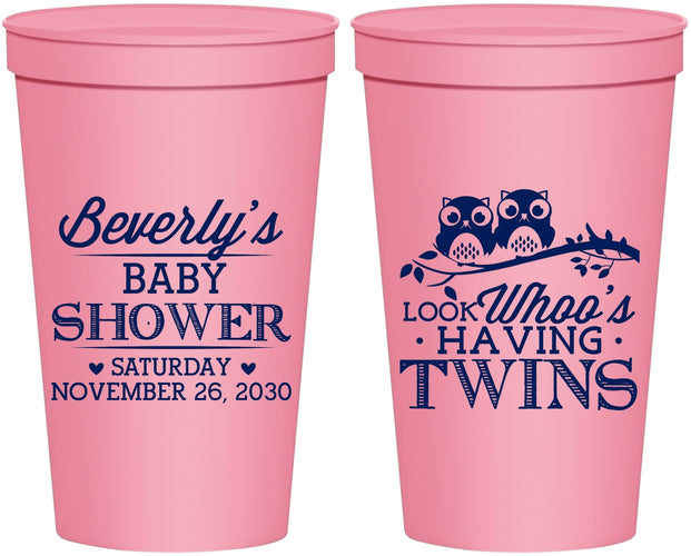 Personalized Baby Shower 22 oz Stadium Cups - Twins Baby Owls | 90074