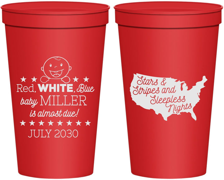 Personalized Baby Shower 22 oz Stadium Cups - Red White Blue | 90197