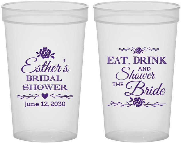 Custom Bridal Shower 22 oz Translucent Cups - Eat Drink Shower Bride | 100002