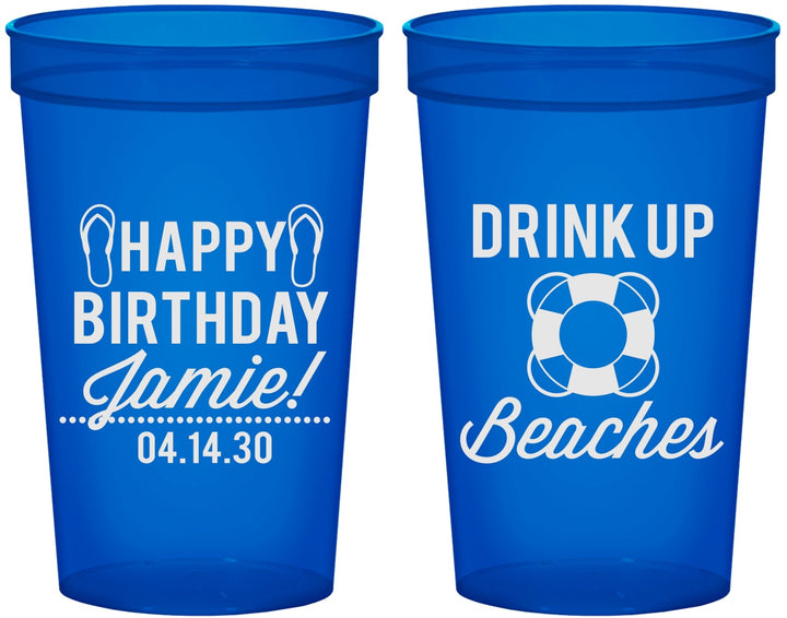 Custom Birthday 22 oz Translucent Cups - Drink Up Beaches | 20207