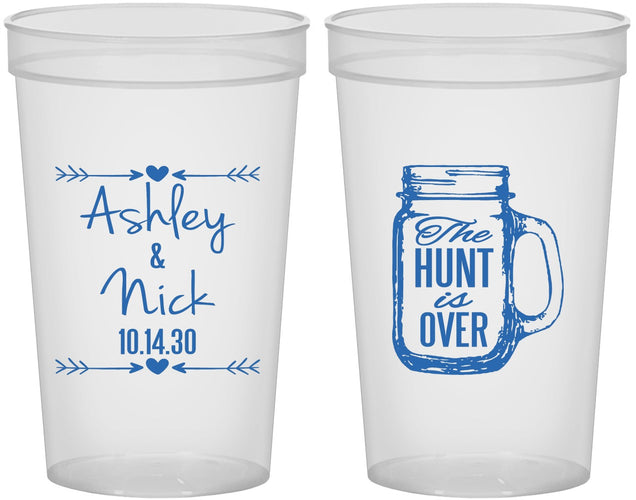 Custom Wedding 22 oz Translucent Cups - The Hunt Is Over Mason Jar | 211