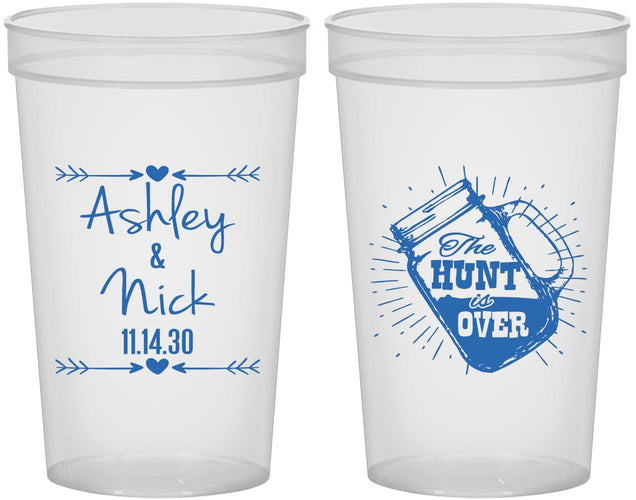Custom Wedding 22 oz Translucent Cups - The Hunt Is Over Mason Jar | 218