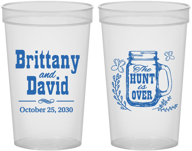 Custom Wedding 22 oz Translucent Cups - The Hunt Is Over Mason Jar | 223