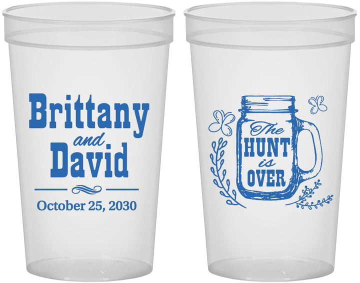 Custom Wedding 22 oz Translucent Cups - The Hunt Is Over Mason Jar | 223