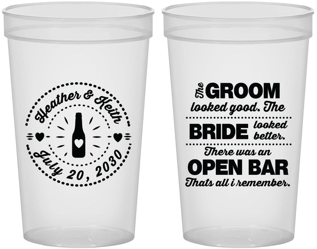 Custom Wedding 22 oz Translucent Cups - Groom Bride Open Bar | 253