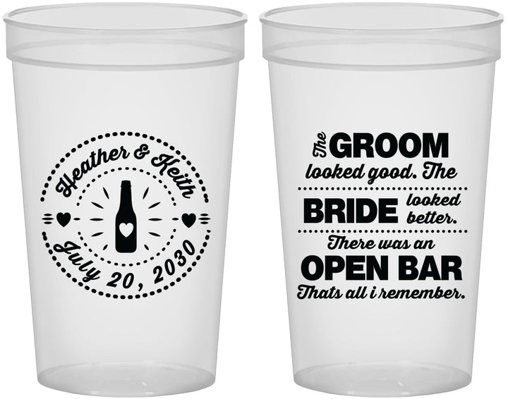 Custom Wedding 22 oz Translucent Cups - Groom Bride Open Bar | 253