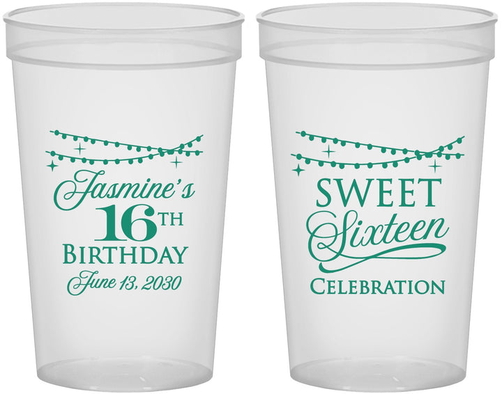 Custom 16th Birthday 22 oz Translucent Cups - String Lights | 300009