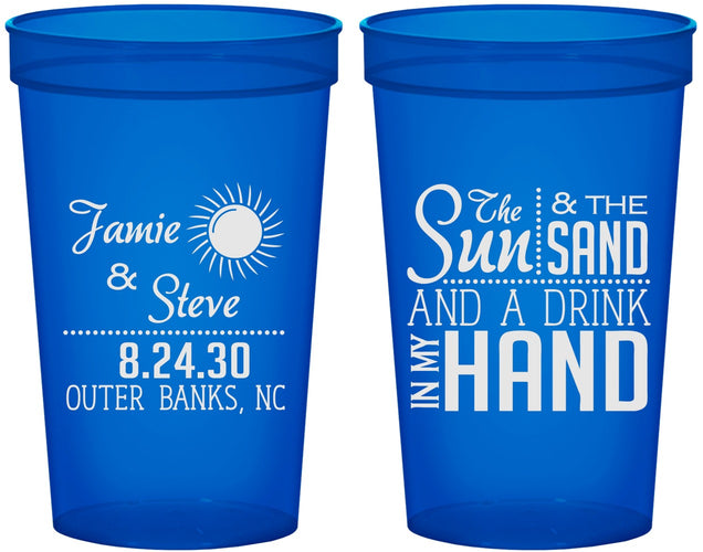 Custom Wedding 22 oz Translucent Cups - Sun Sand Drink In My Hand | 319