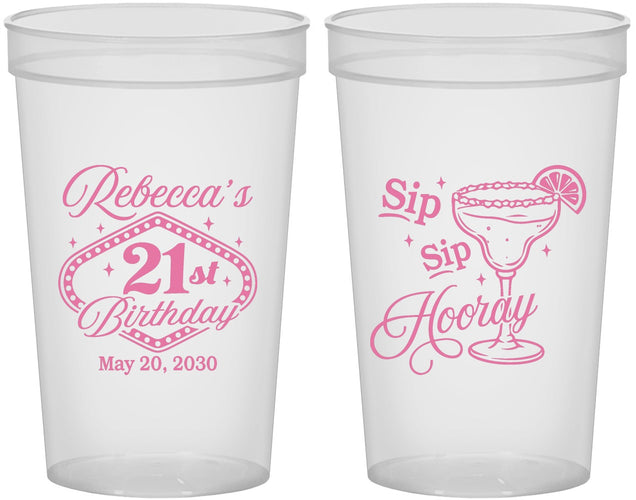 Custom 21st Birthday 22 oz Translucent Cups - Sip Sip Hooray Vegas | 340006