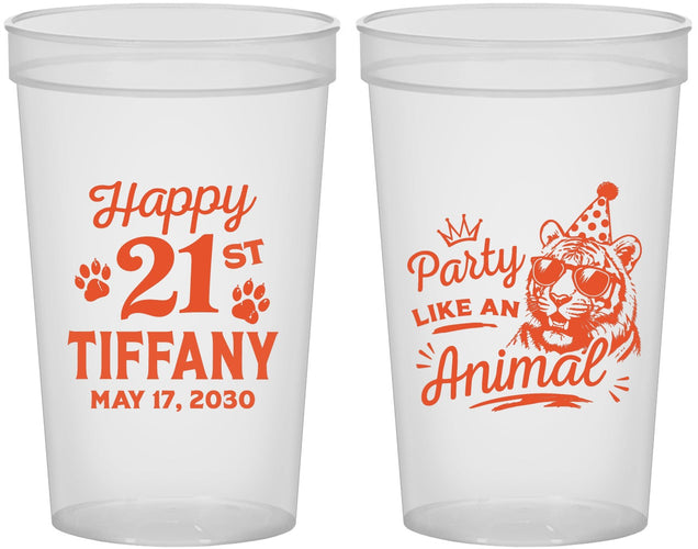 Custom 21st Birthday 22 oz Translucent Cups - Party Like An Animal Tiger | 340020