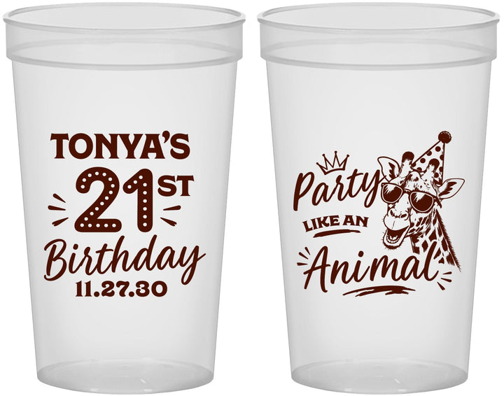 Custom 21st Birthday 22 oz Translucent Cups - Party Like An Animal Giraffe | 340022