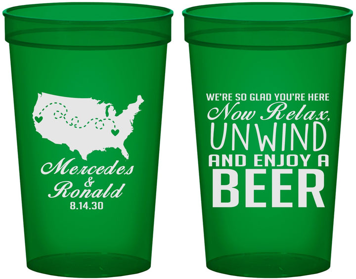 Custom Wedding 22 oz Translucent Cups - Relax Unwind Enjoy Beer | 360
