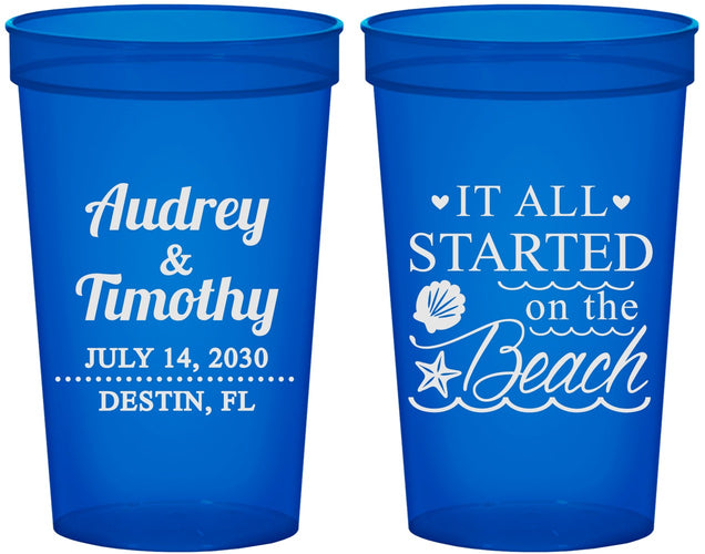 Custom Wedding 22 oz Translucent Cups - Started On The Beach | 361