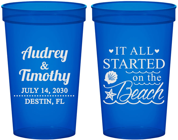 Custom Wedding 22 oz Translucent Cups - Started On The Beach | 361
