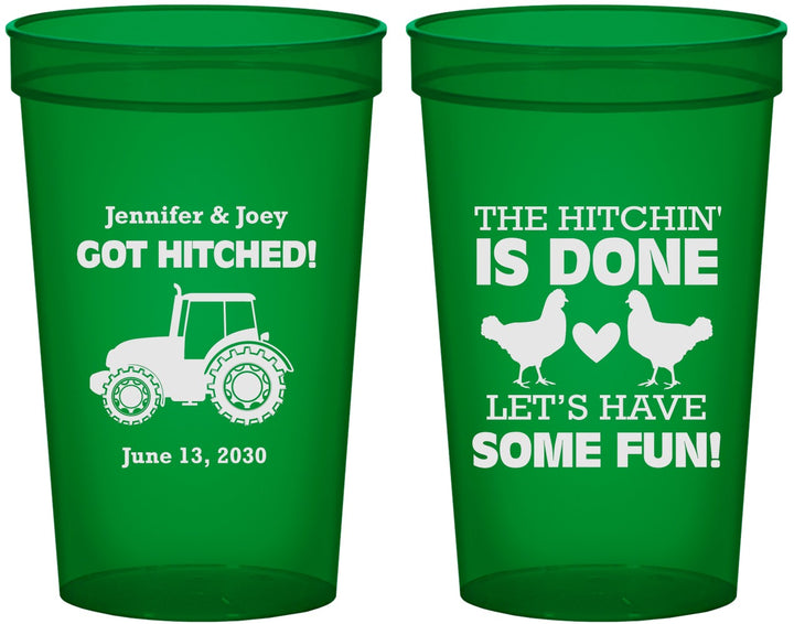 Custom Wedding 22 oz Translucent Cups - Got Hitched Tractor | 397