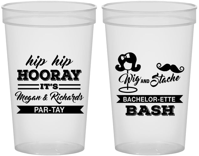 Custom Bachelor Party 22 oz Translucent Cups - Wig Or Stache | 40058