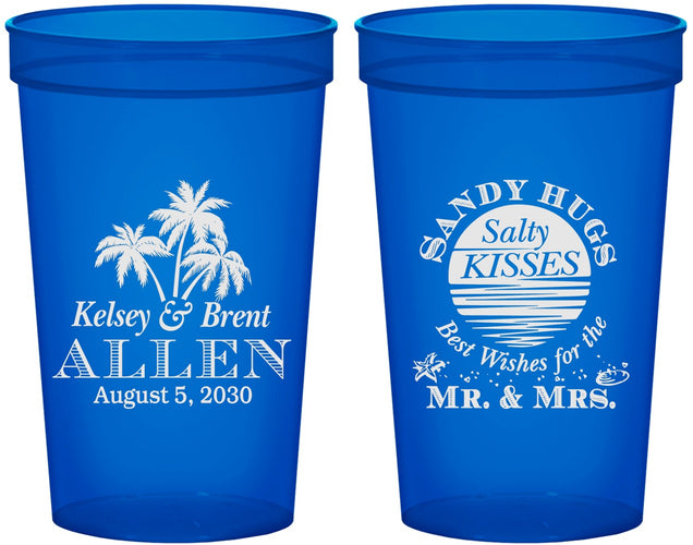 Custom Wedding 22 oz Translucent Cups - Sandy Hugs Salty Kisses | 425
