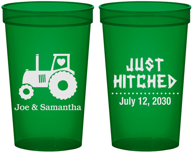 Custom Wedding 22 oz Translucent Cups - Just Hitched Tractor | 429
