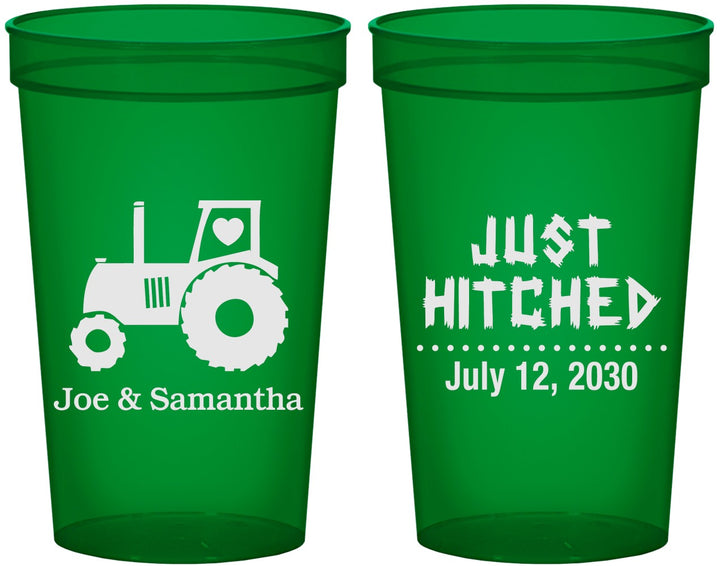 Custom Wedding 22 oz Translucent Cups - Just Hitched Tractor | 429