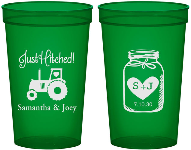 Custom Wedding 22 oz Translucent Cups - Just Hitched Mason Jar | 483
