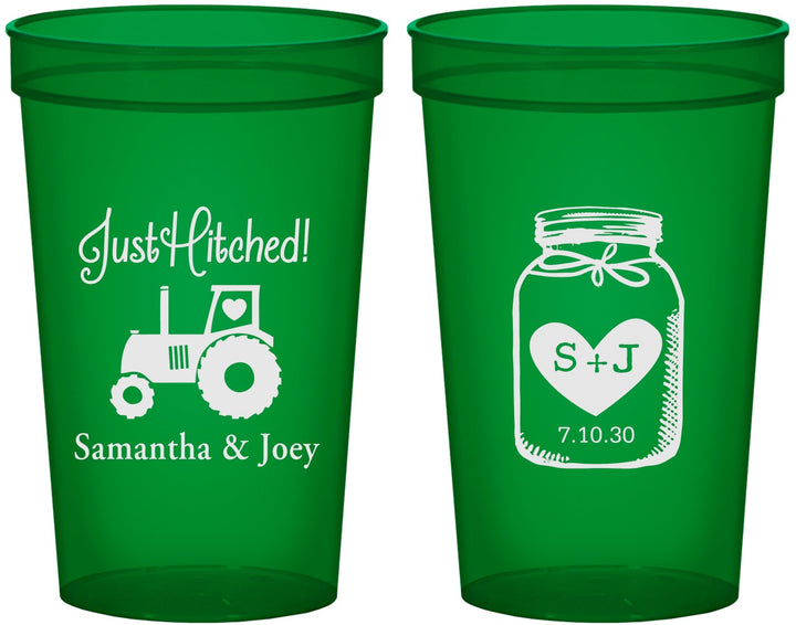 Custom Wedding 22 oz Translucent Cups - Just Hitched Mason Jar | 483