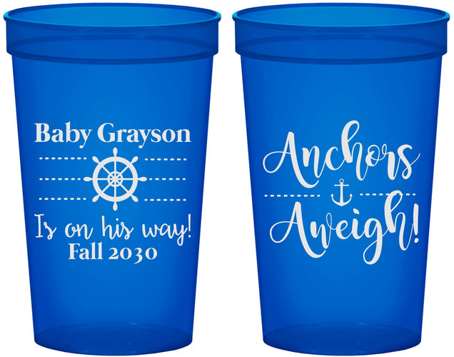Custom Baby Shower 22 oz Translucent Cups - Nautical Anchors Aweigh | 90054
