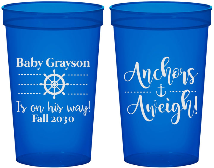 Custom Baby Shower 22 oz Translucent Cups - Nautical Anchors Aweigh | 90054