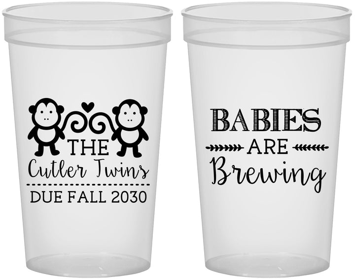 Custom Baby Shower 22 oz Translucent Cups - Twins Baby Monkeys | 90068