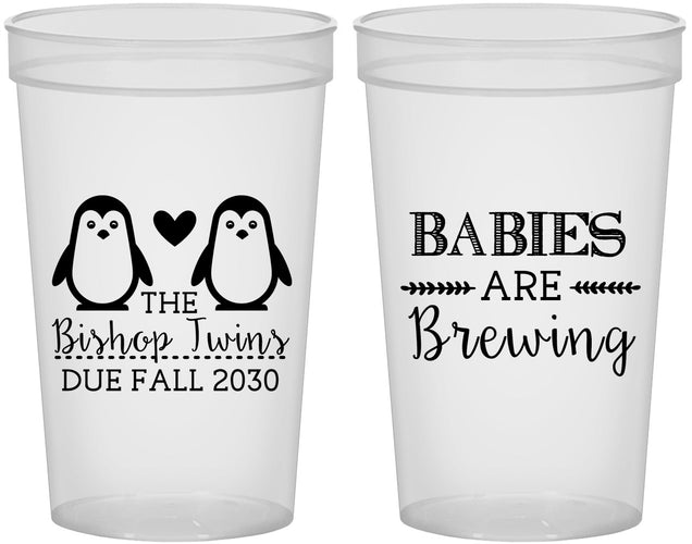 Custom Baby Shower 22 oz Translucent Cups - Twins Baby Penguins | 90070
