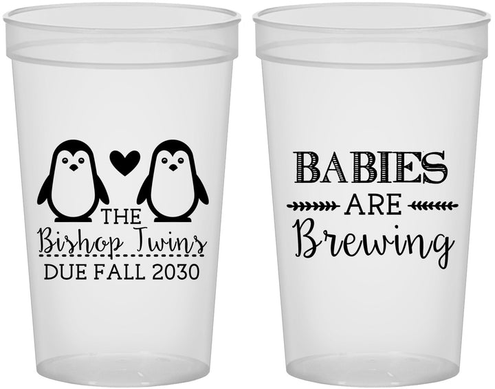 Custom Baby Shower 22 oz Translucent Cups - Twins Baby Penguins | 90070