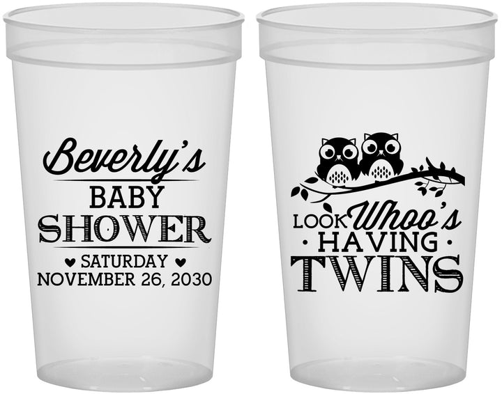 Custom Baby Shower 22 oz Translucent Cups - Twins Baby Owls | 90074