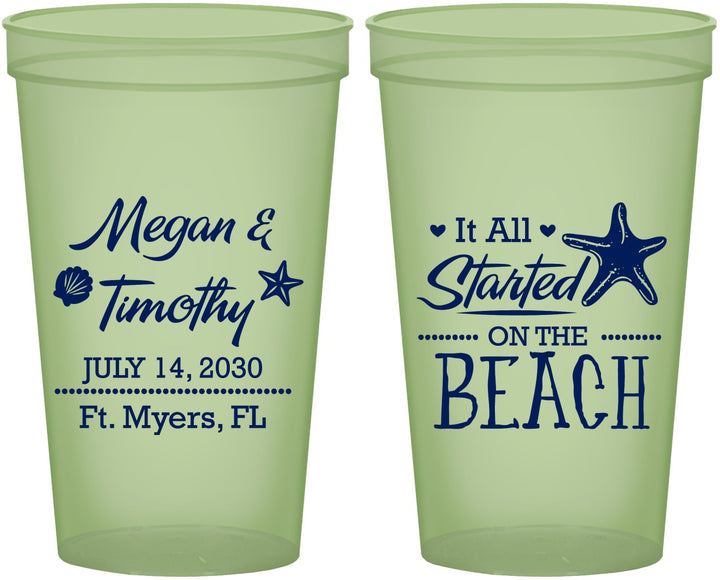 Custom Wedding 22 oz Glow In The Dark Cups - Started On The Beach | 295