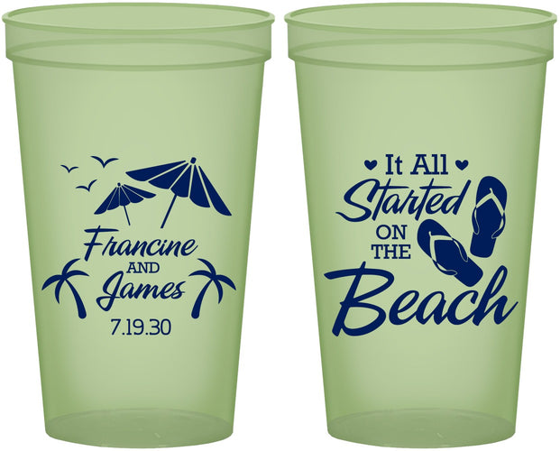 Custom Wedding 22 oz Glow In The Dark Cups - Started On The Beach | 310