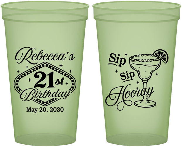 Custom 21st Birthday 22 oz Glow In The Dark Cups - Sip Sip Hooray Vegas | 340006