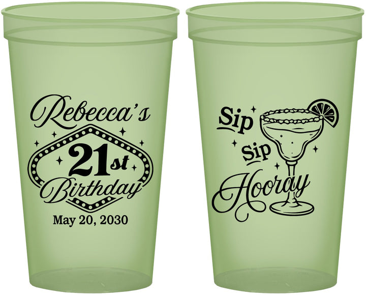 Custom 21st Birthday 22 oz Glow In The Dark Cups - Sip Sip Hooray Vegas | 340006