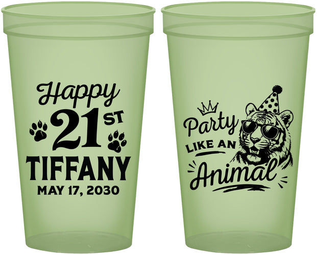 Custom 21st Birthday 22 oz Glow In The Dark Cups - Party Like An Animal Tiger | 340020