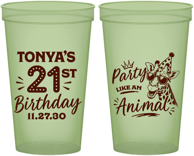 Custom 21st Birthday 22 oz Glow In The Dark Cups - Party Like An Animal Giraffe | 340022